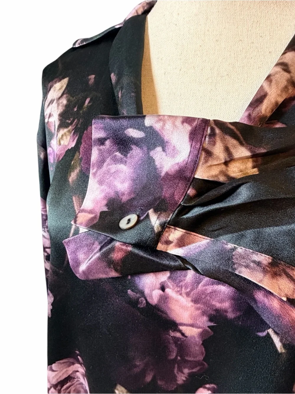 Vince Night Garden 100% Silk Popover Blouse Purple Floral Lapel Collar Size SM